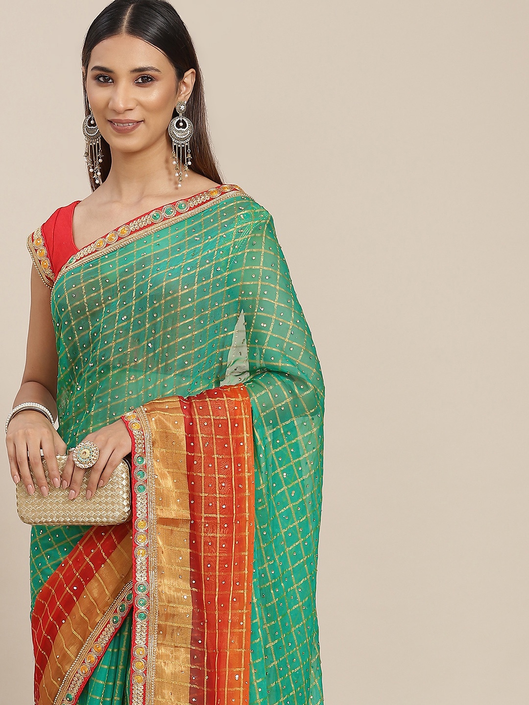 

SAARYA Woman Green checked Saree