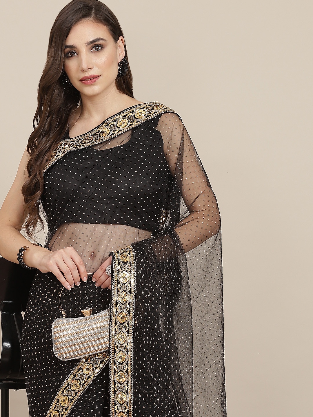 

SAARYA Black & Gold-Toned Embellished Sequinned Net Saree