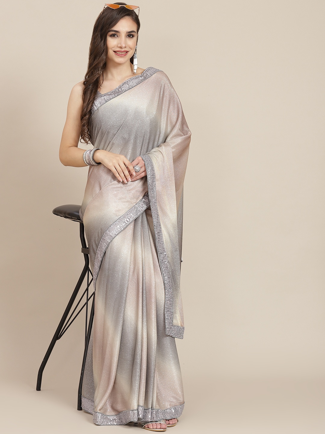 

SAARYA Grey & Beige Ombre Dyed Sequined Net Saree with Blouse Piece