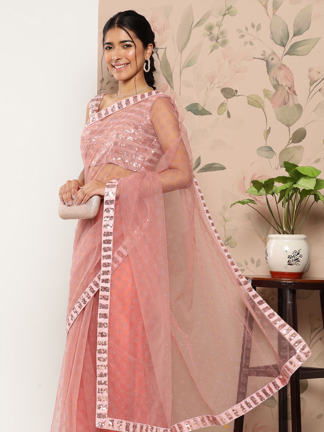 

SAARYA Pink Sequin Embellished Net Saree with Blouse Piece