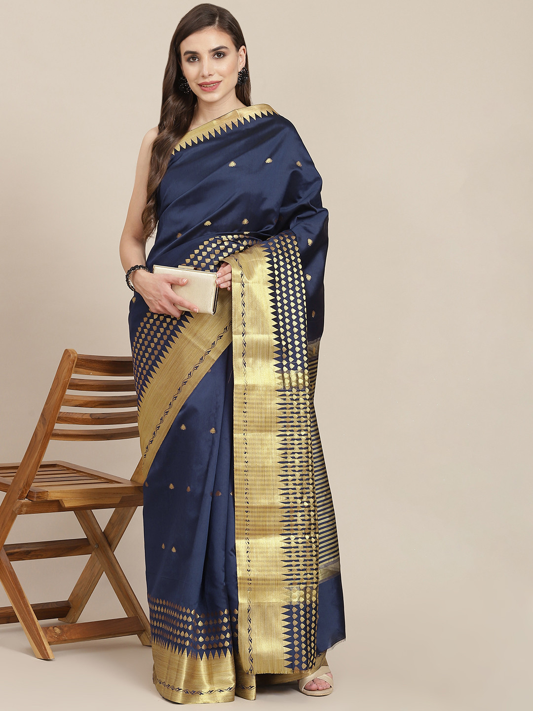 

SAARYA Navy Blue & Gold-Toned Ethnic Motifs Zari Saree