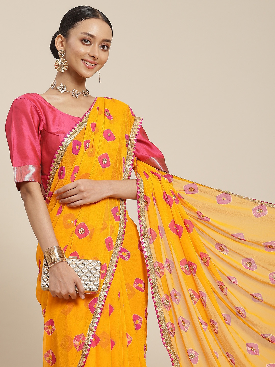 

SAARYA Yellow & Pink Tie and Dye Beads and Stones Poly Chiffon Saree