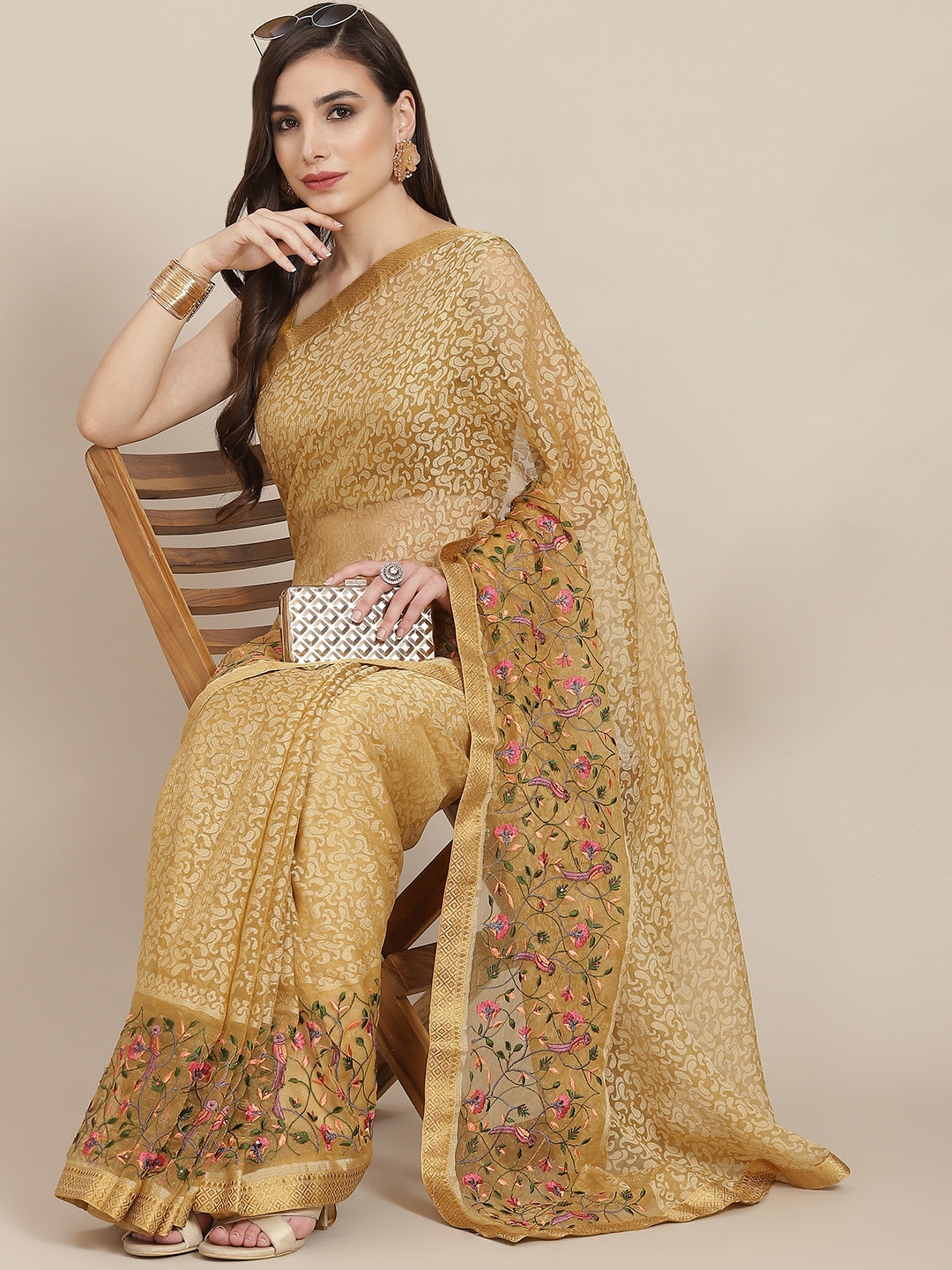 

SAARYA Mustard Brown Ethnic Motifs Woven Design Saree with Blouse Piece