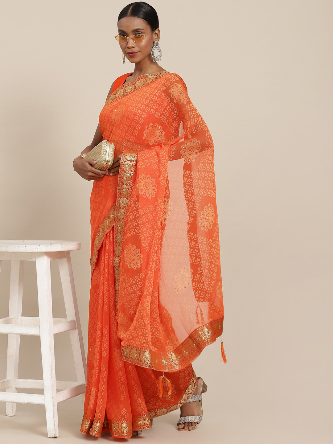 

SAARYA Orange Ethnic Motifs Zari Saree