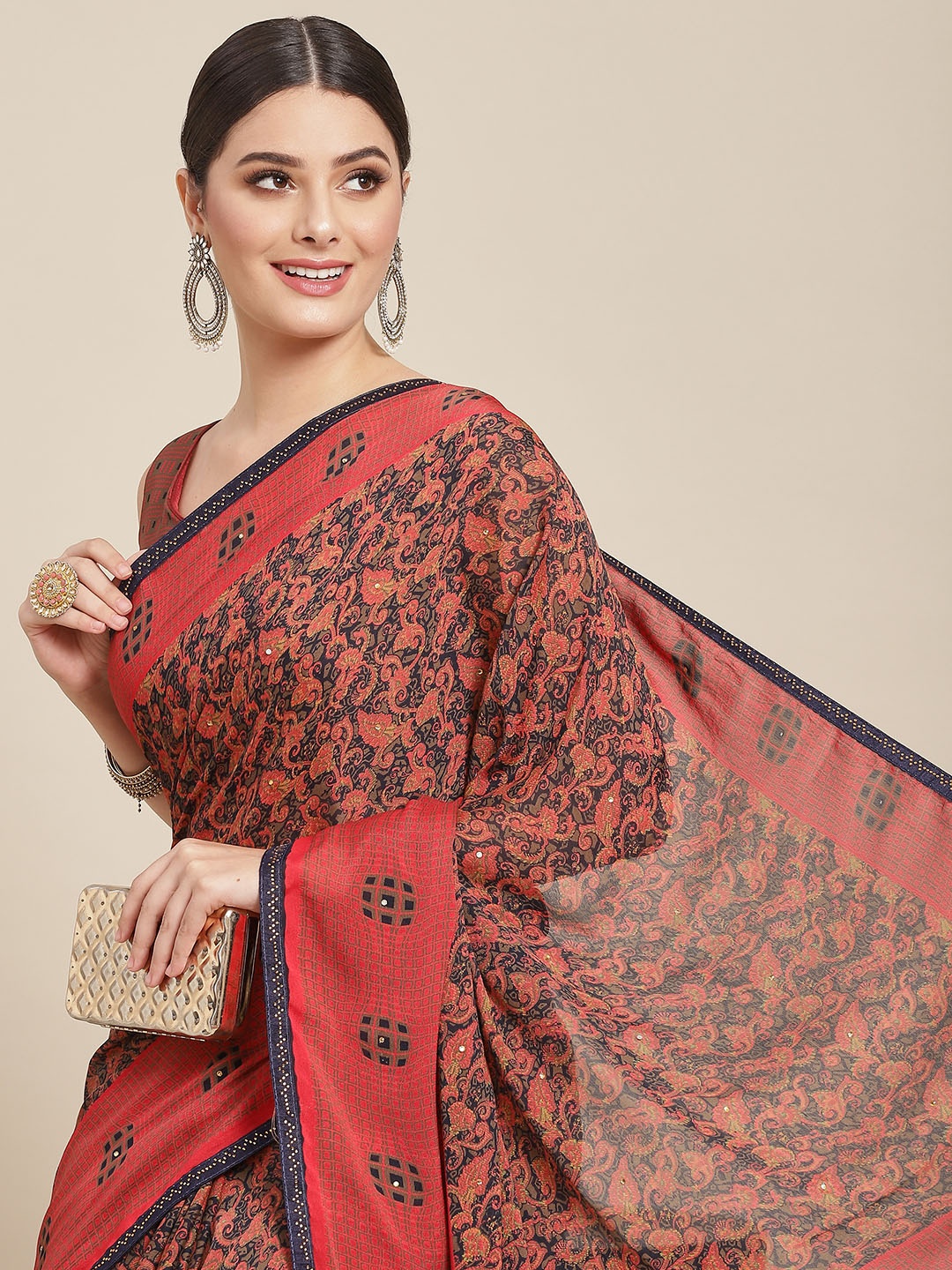 

SAARYA Red Ethnic Motifs Stones Poly Georgette Saree