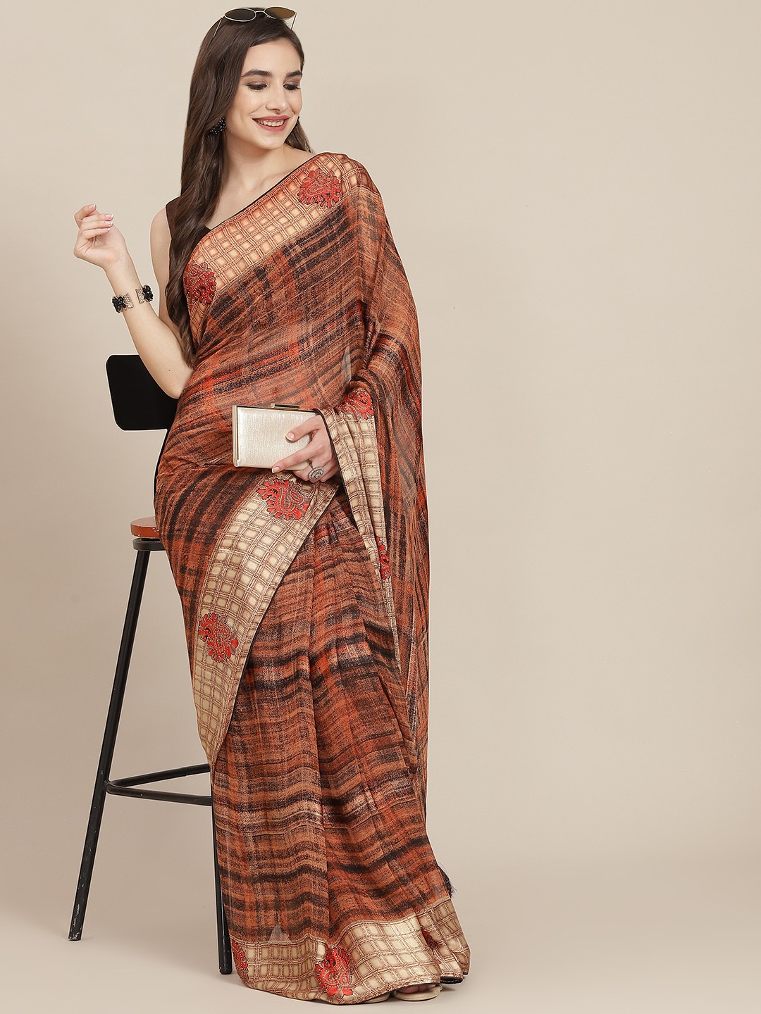 

SAARYA Black & Rust Orange Abstract Printed Saree with Blouse Piece