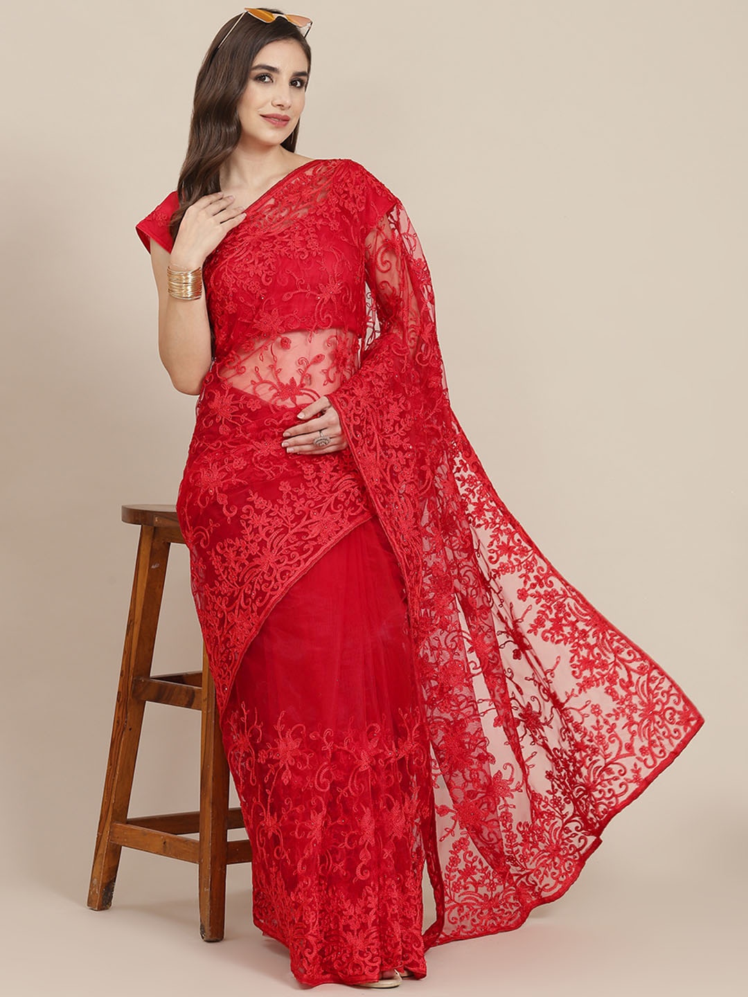 

SAARYA Red Floral Embroidered Net Saree