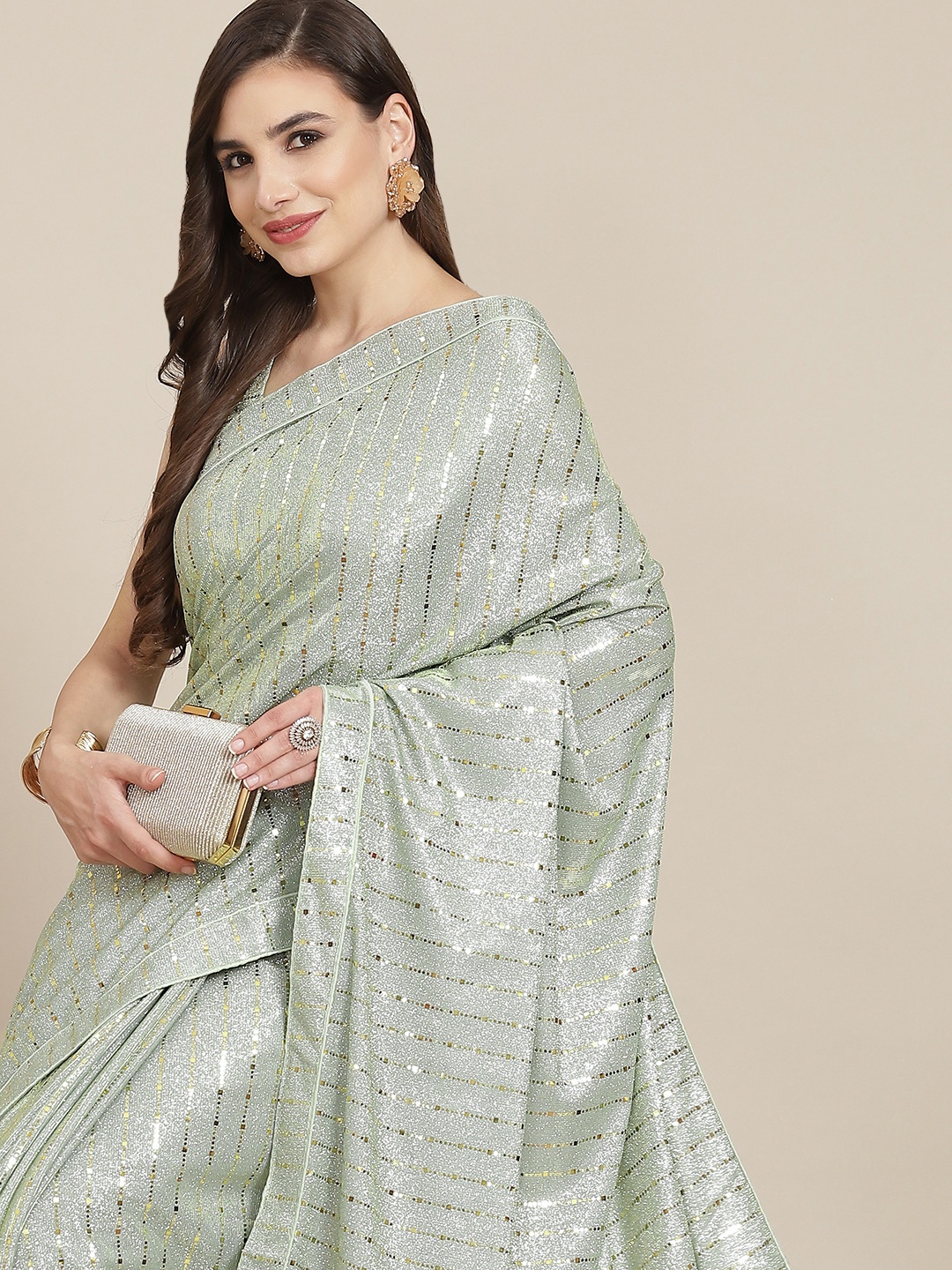 

SAARYA Sea Green Sequin Embellished Saree with Blouse Piece