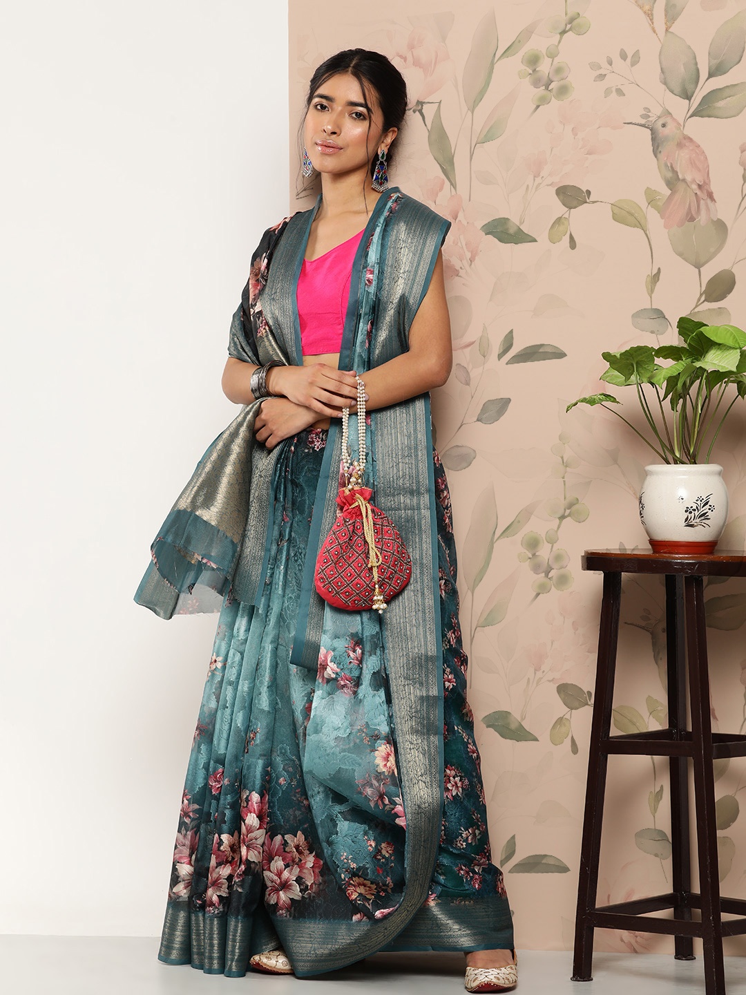 

SAARYA Turquoise Blue & Pink Floral Organza Saree