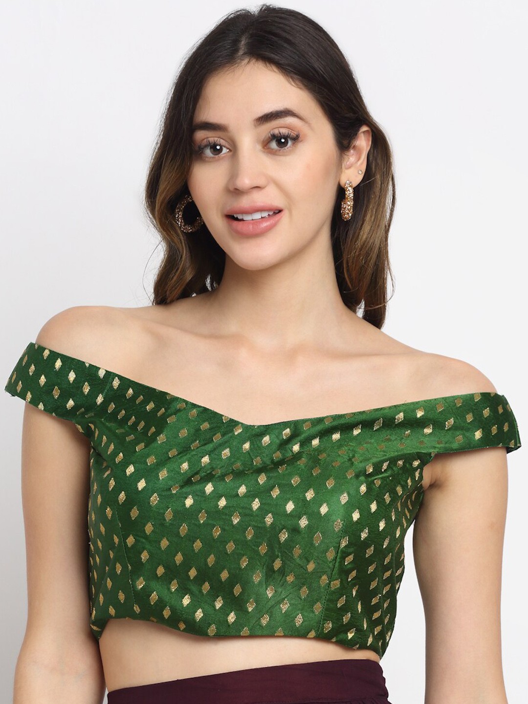 

Grancy Women Green Printed Silk Off-Shoulder Saree Blouse