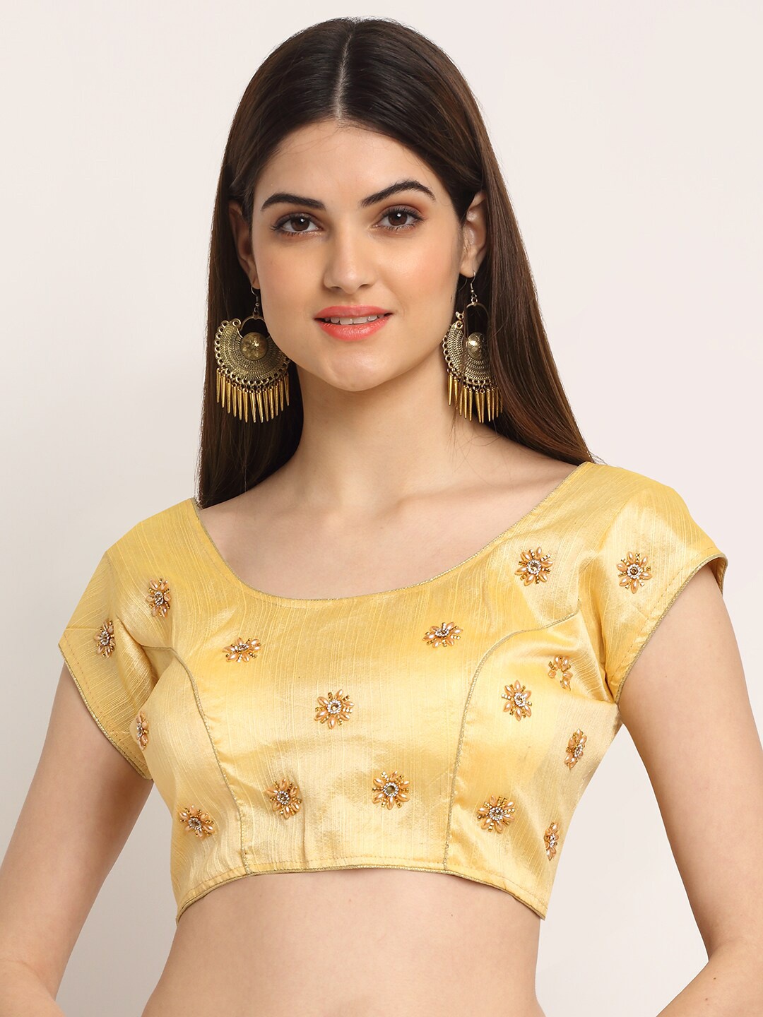 

Grancy Women Golden Embroidered Silk Saree Blouse, Gold