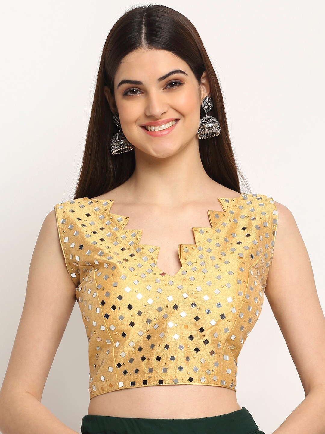 

Grancy Women Golden Embellished Saree Blouse, Gold