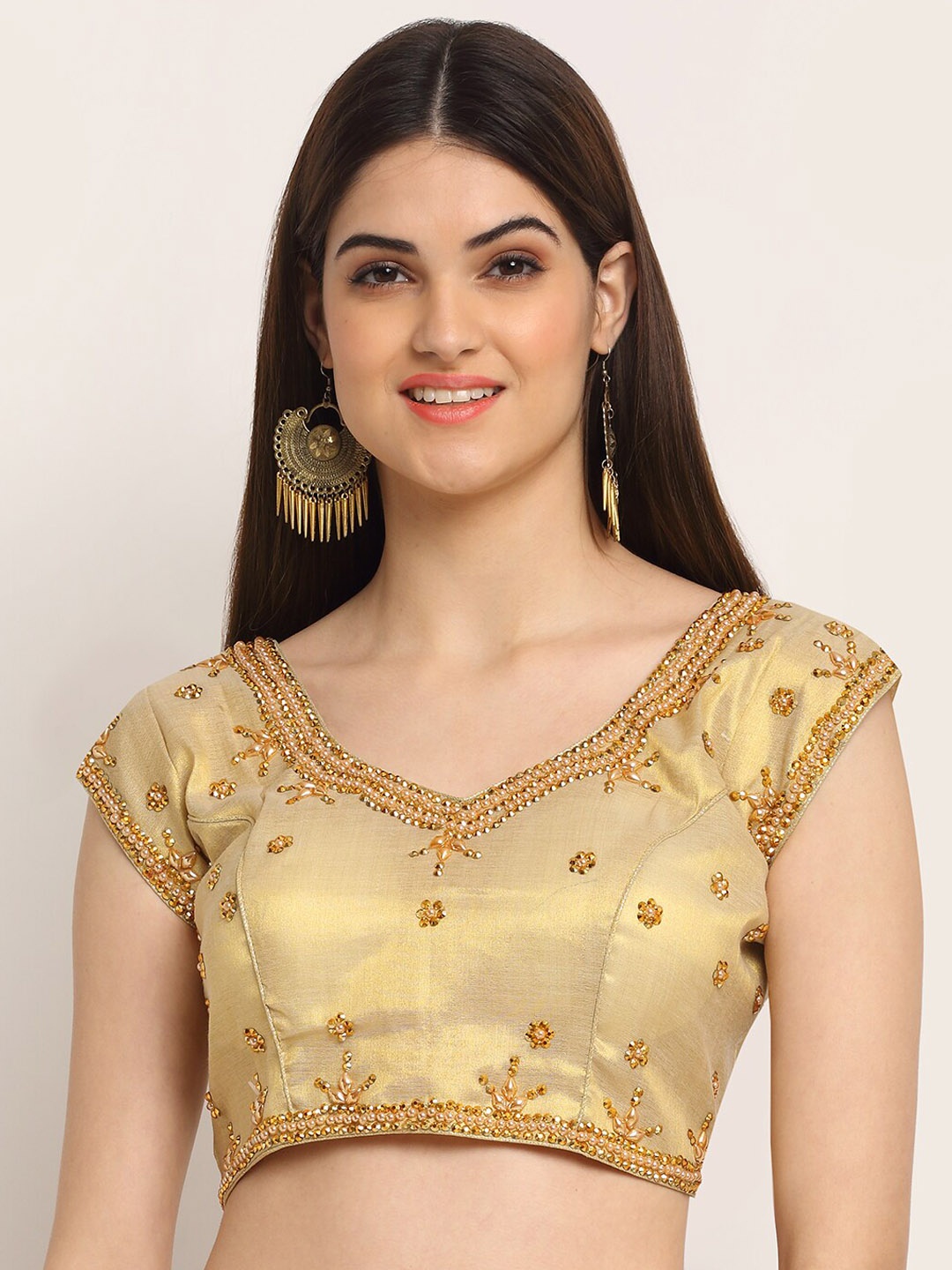 

Grancy Women Golden Embroidered Silk Saree Blouse, Gold