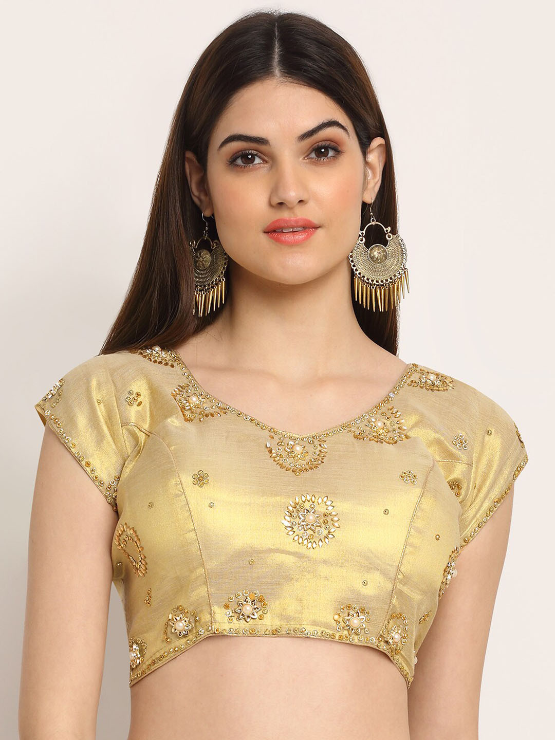

Grancy Women Golden Embroidered Silk Saree Blouse, Gold