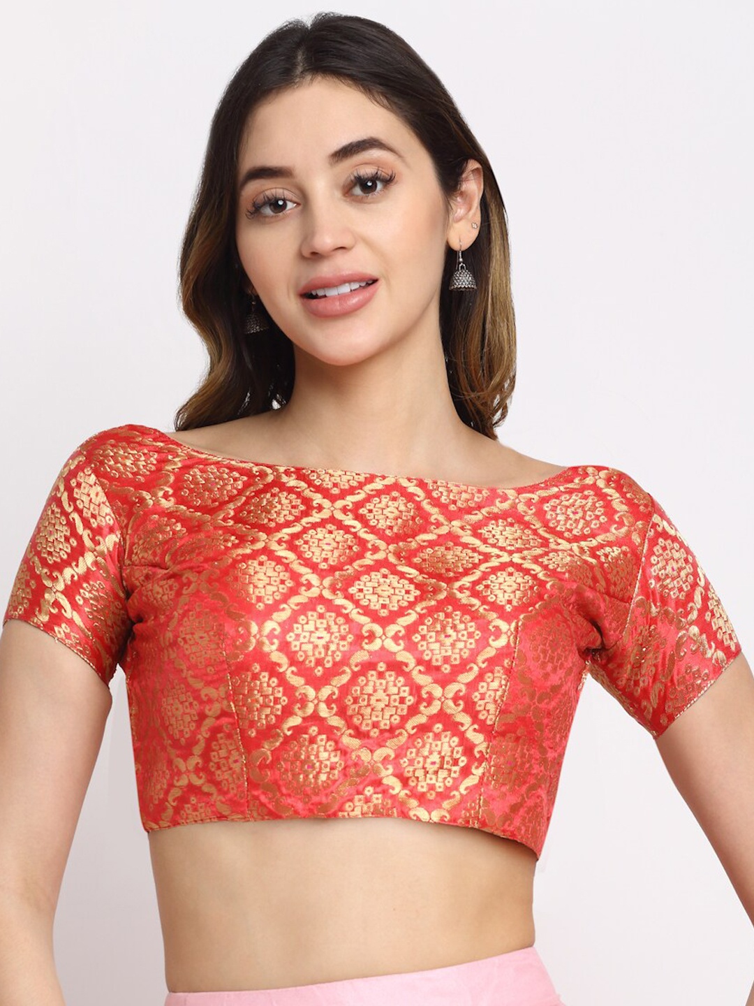 

Grancy Women Red Woven Design Silk Saree Blouse