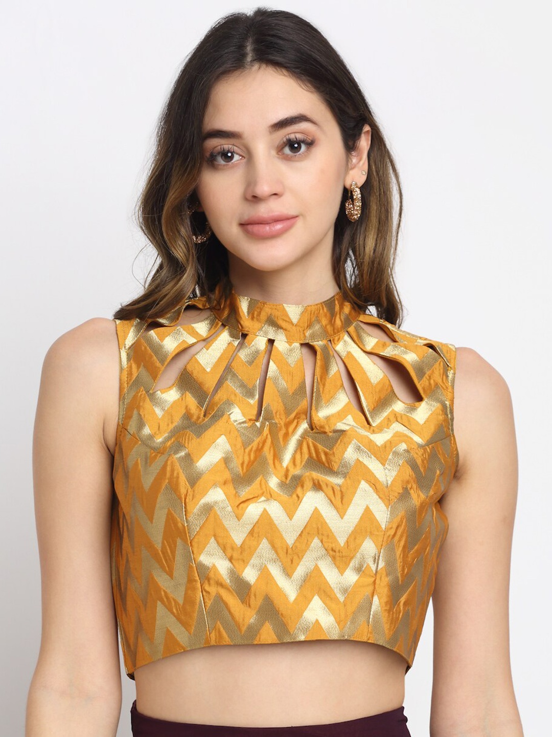 

Grancy Women Yellow Printed Silk Saree Blouse, Mustard