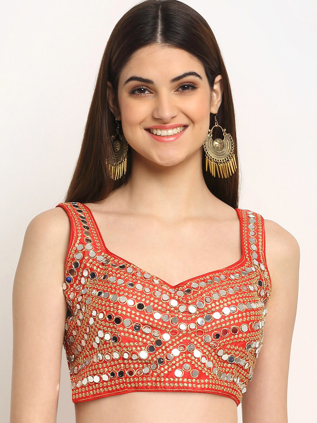 

Grancy Women Orange Mirror Work Sleeveless Saree Blouse