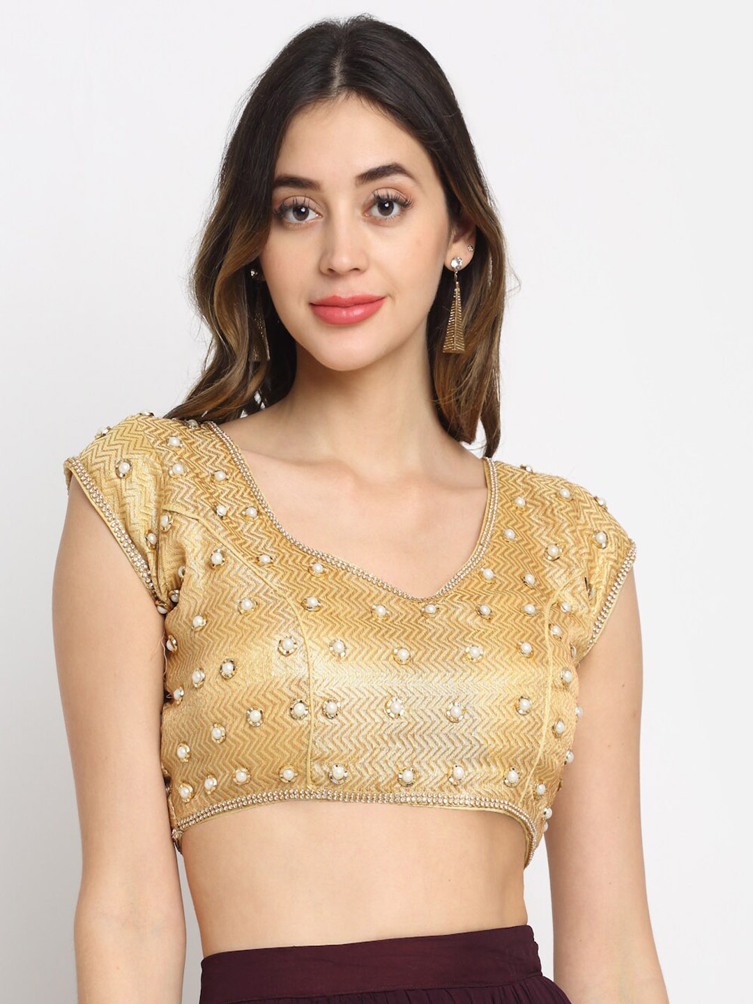 

Grancy Women Golden Embroidered Silk Saree Blouse, Gold