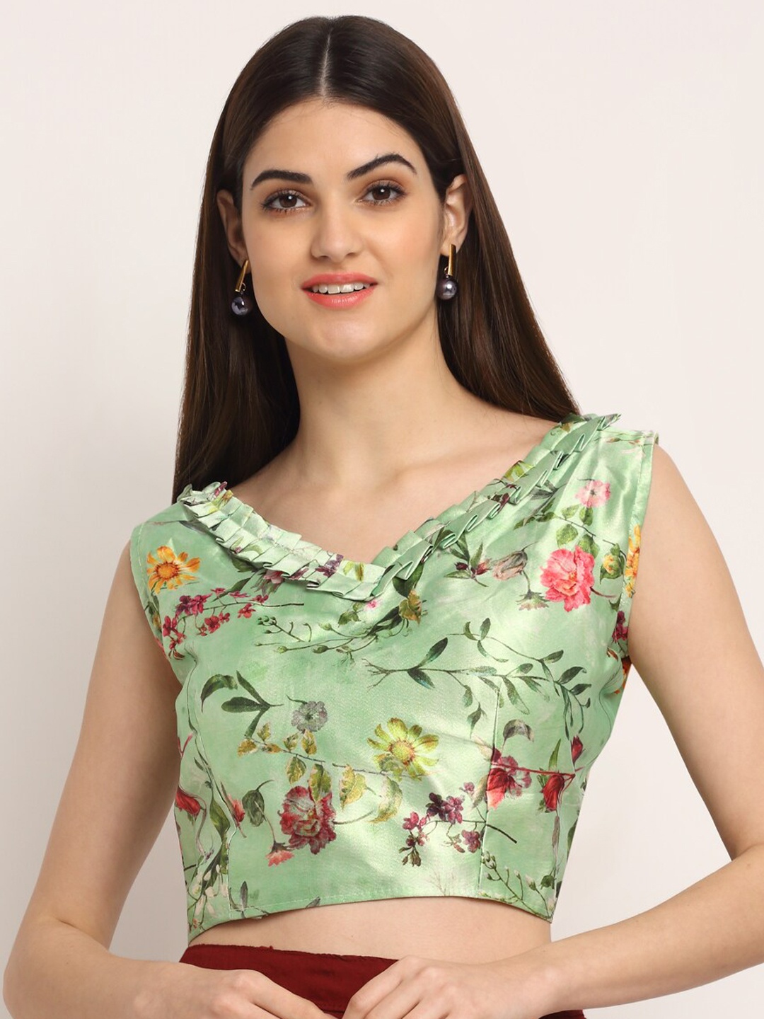 

Grancy Women Sea Green Printed Silk Saree Blouse