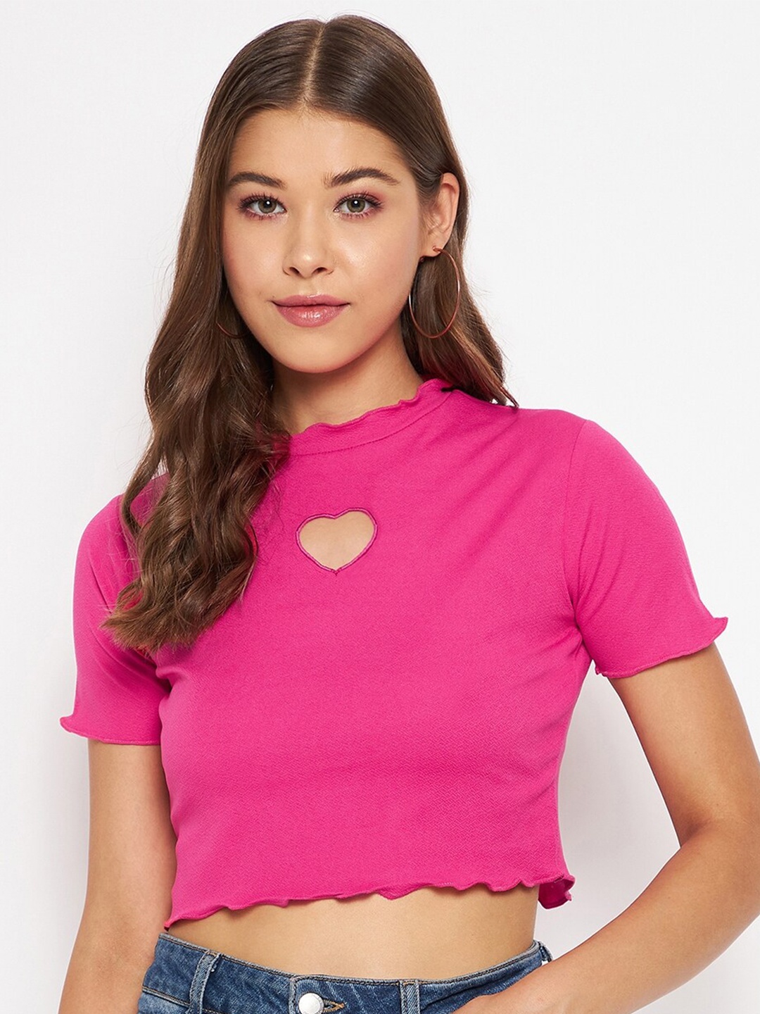 

Uptownie Lite Women Stretchable Heart Cut-Out Crop Top, Pink