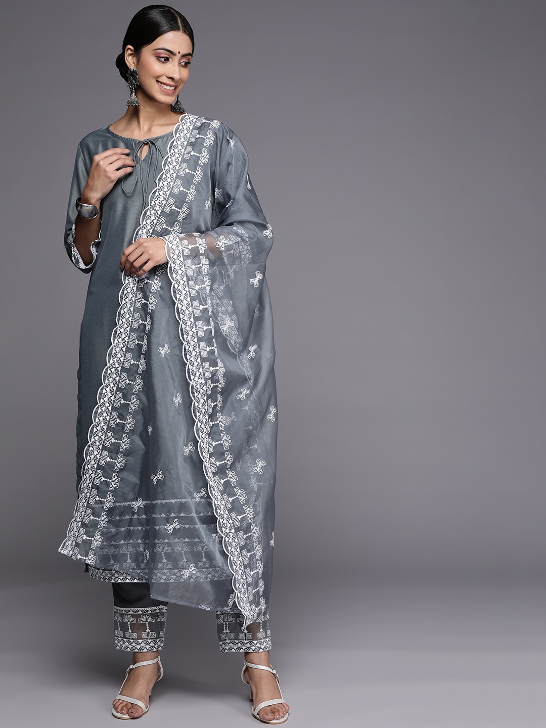 

Indo Era Women Grey Ethnic Motifs Embroidered Kurta with Trousers & With Dupatta