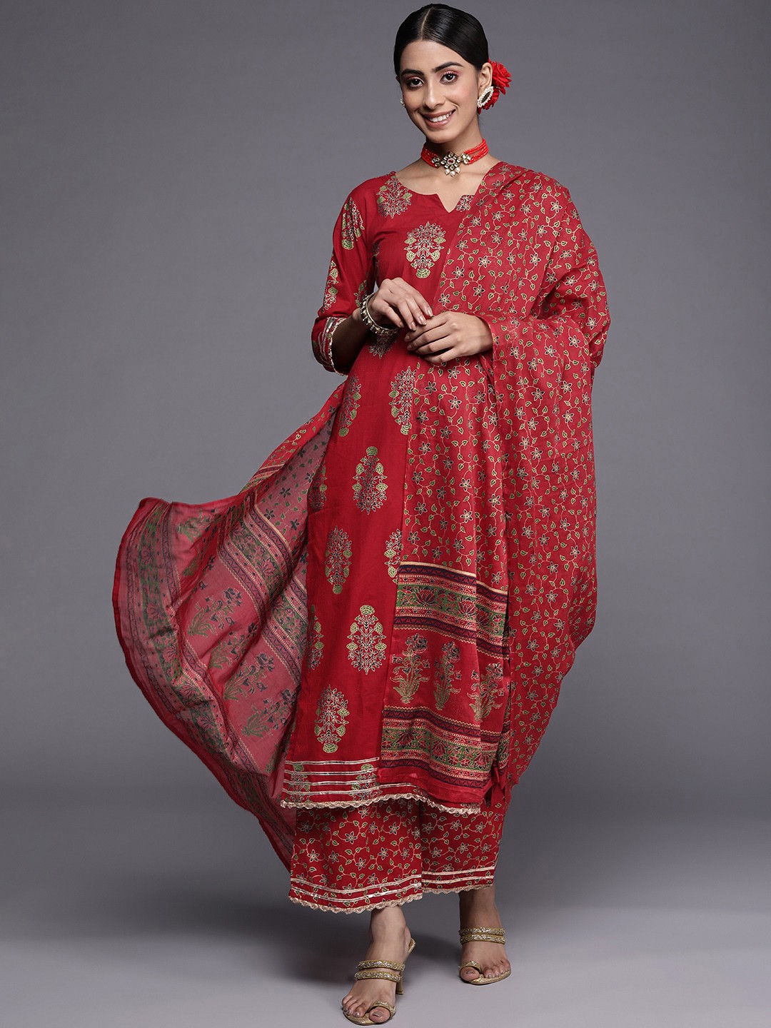 

Indo Era Women Red Ethnic Motifs Printed Kurta with Palazzos & With Dupatta