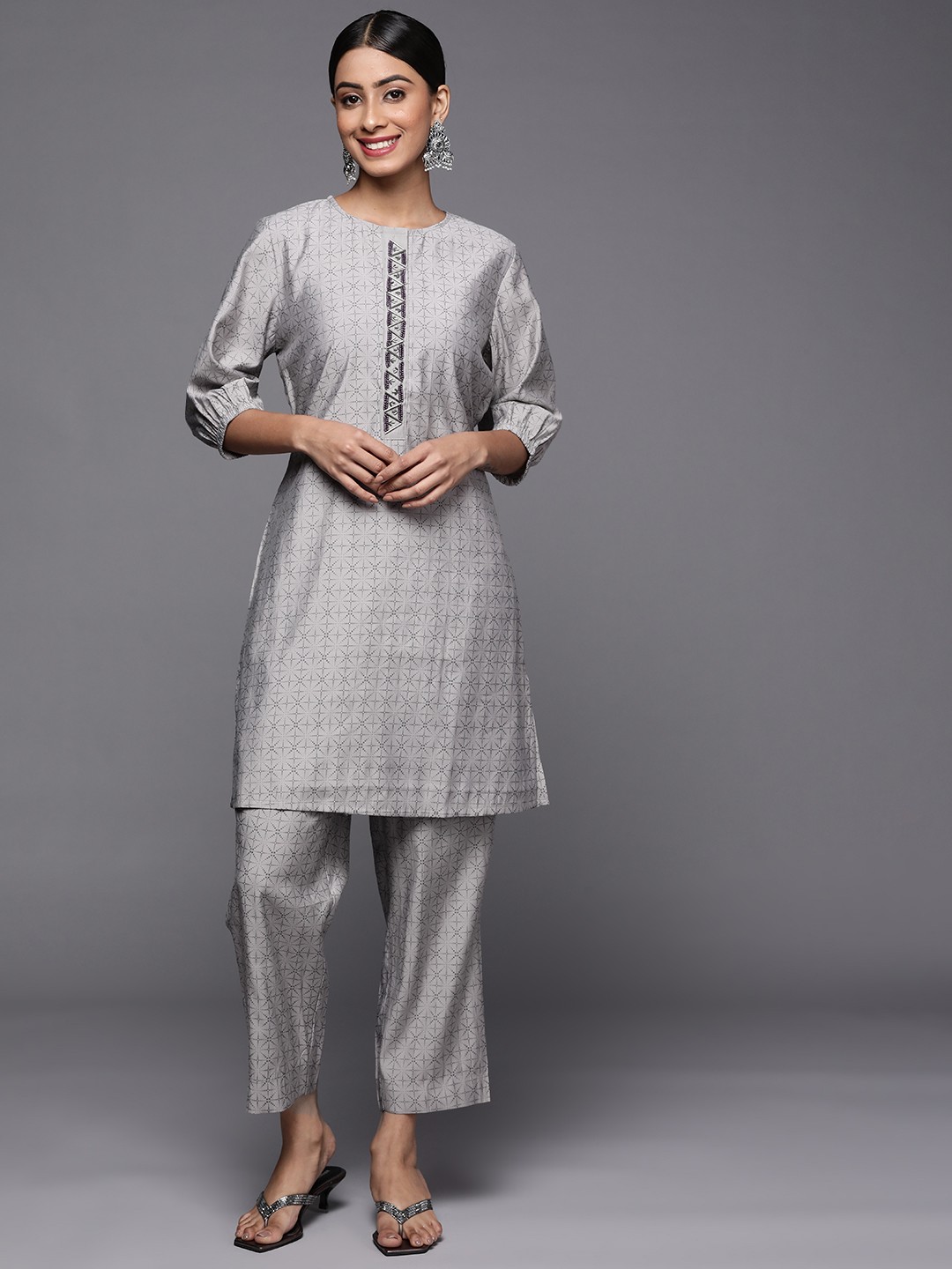

Indo Era Women Grey Printed Beads and Stones Chanderi Cotton Kurta with Trousers
