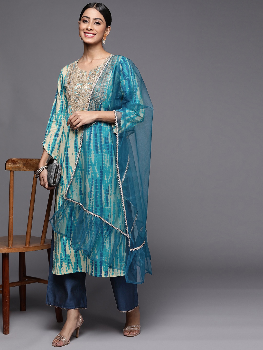 

Indo Era Woman Blue Tie & Dye Straight Kurta Palazzos With Dupatta Set