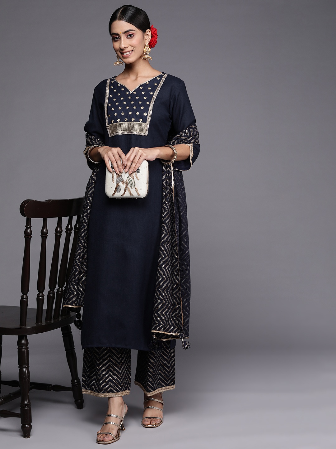 

Indo Era Women Navy Blue Ethnic Motifs Yoke Design Sequinned Kurta with Palazzos & With Dupatta