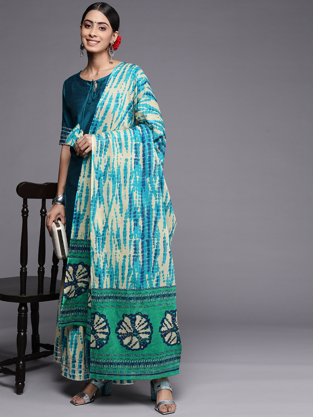 

Indo Era Women Blue Gotta Patti Liva Kurta with Sharara & With Dupatta