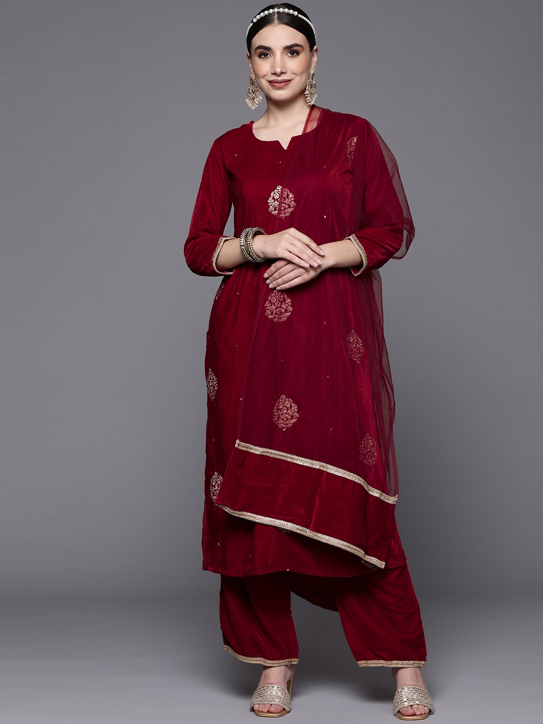 

Indo Era Women Red Floral Embroidered Sequinned Velvet Kurta with Palazzos & With Dupatta
