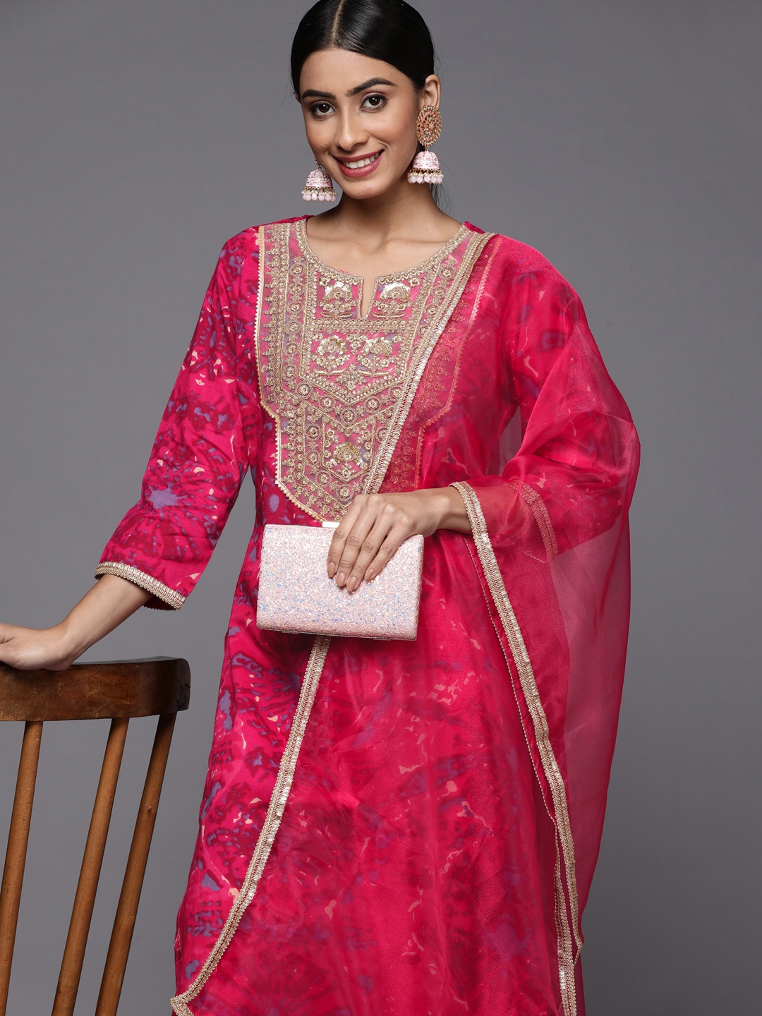 

Indo Era Women Pink Bandhani Dyed Kurta with Palazzos & With Dupatta