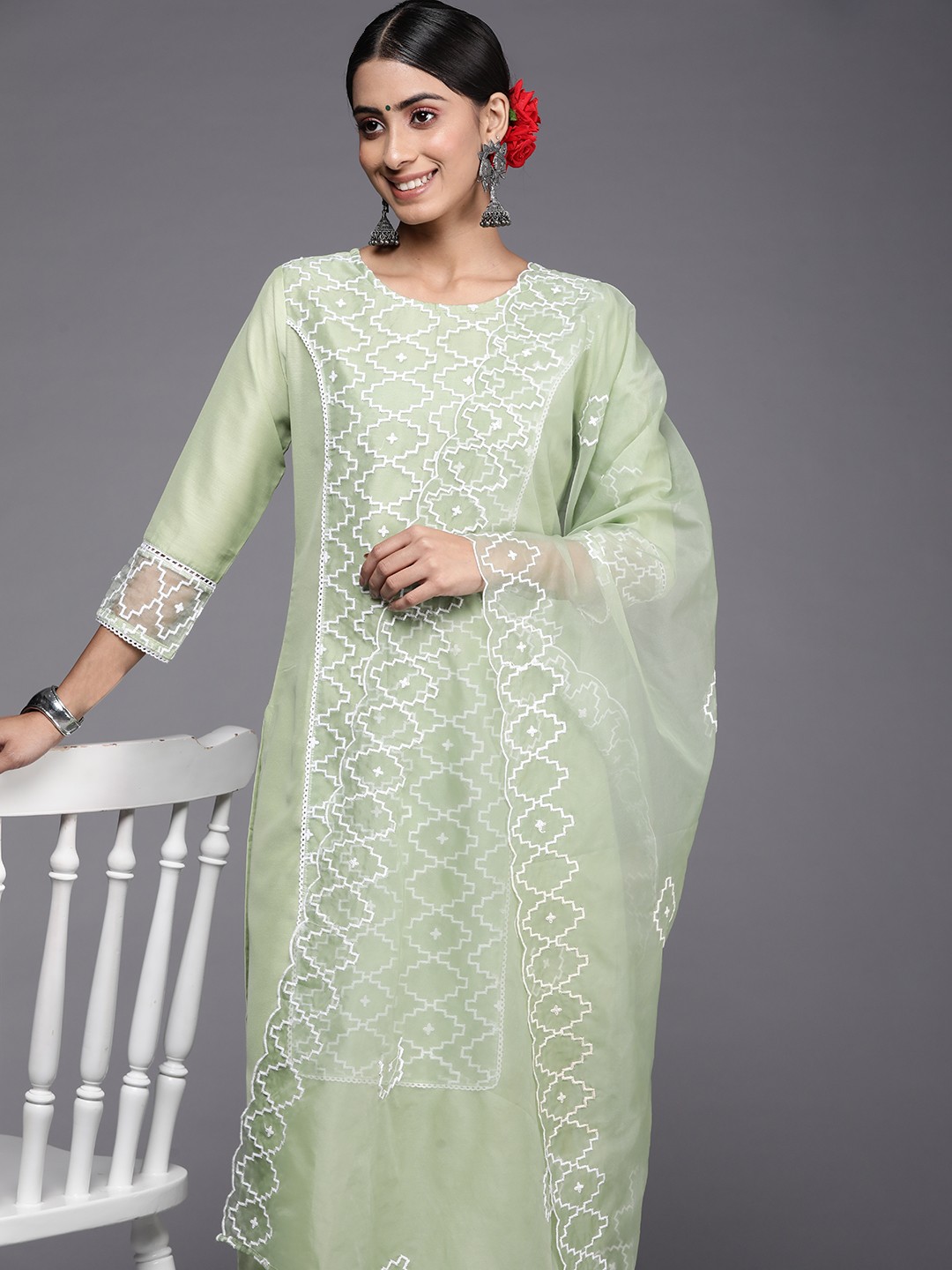 

Indo Era Women Sea Green Kurta with Trousers & With Dupatta
