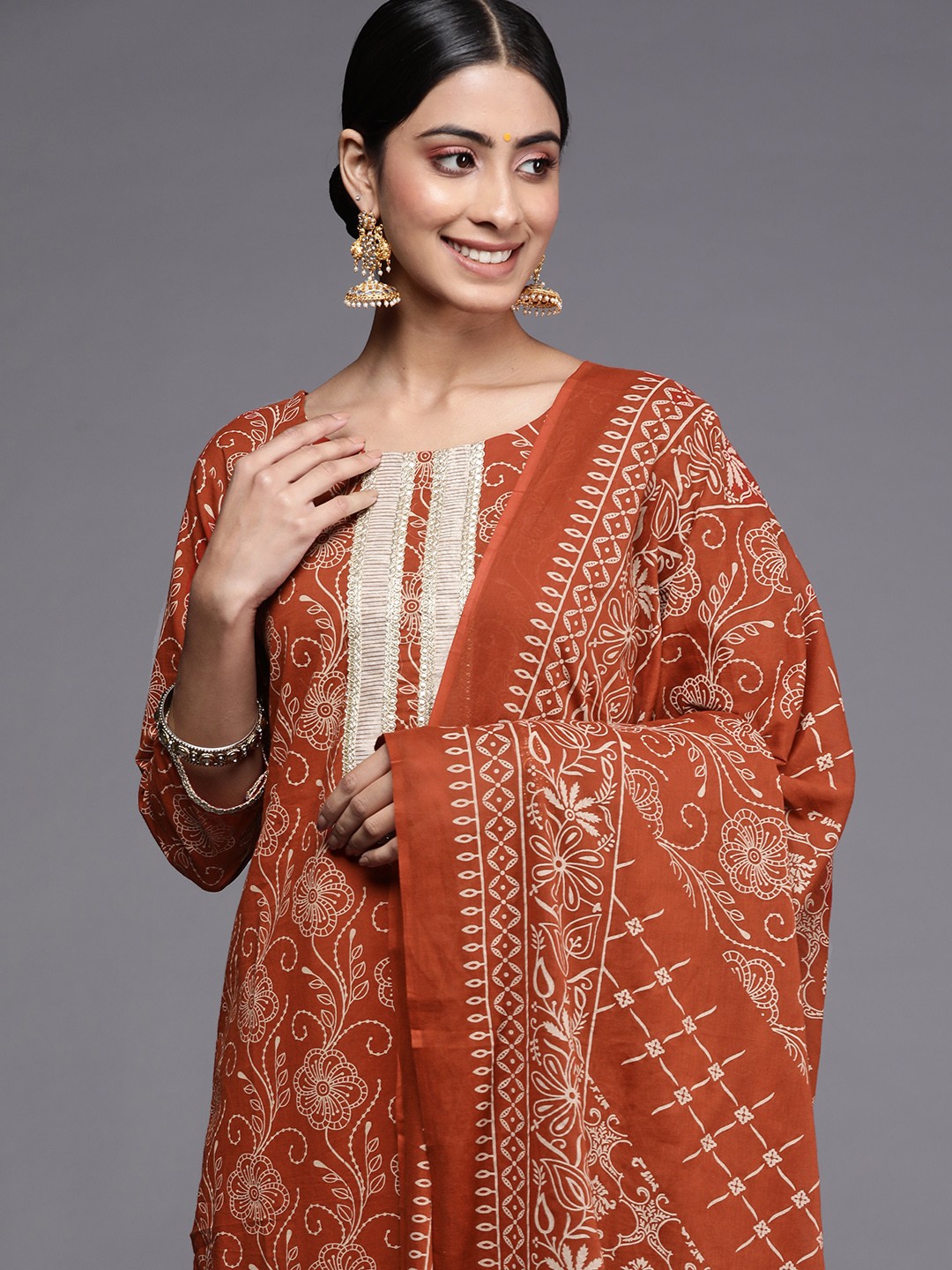 

Indo Era Women Rust Floral Printed Zardozi Liva Kurta with Palazzos & With Dupatta