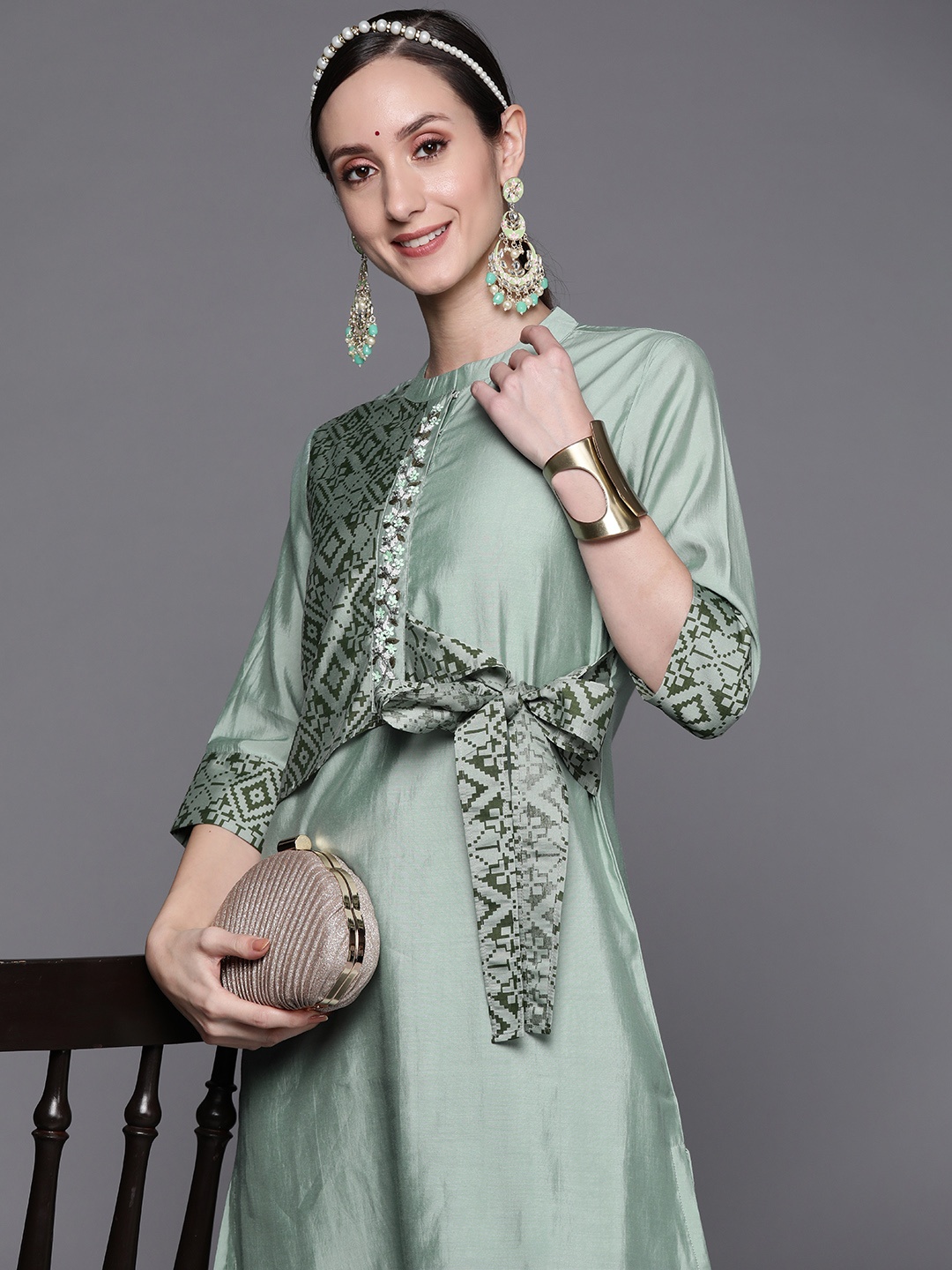 

Indo Era Women Sea Green Embroidered Kurta with Trousers