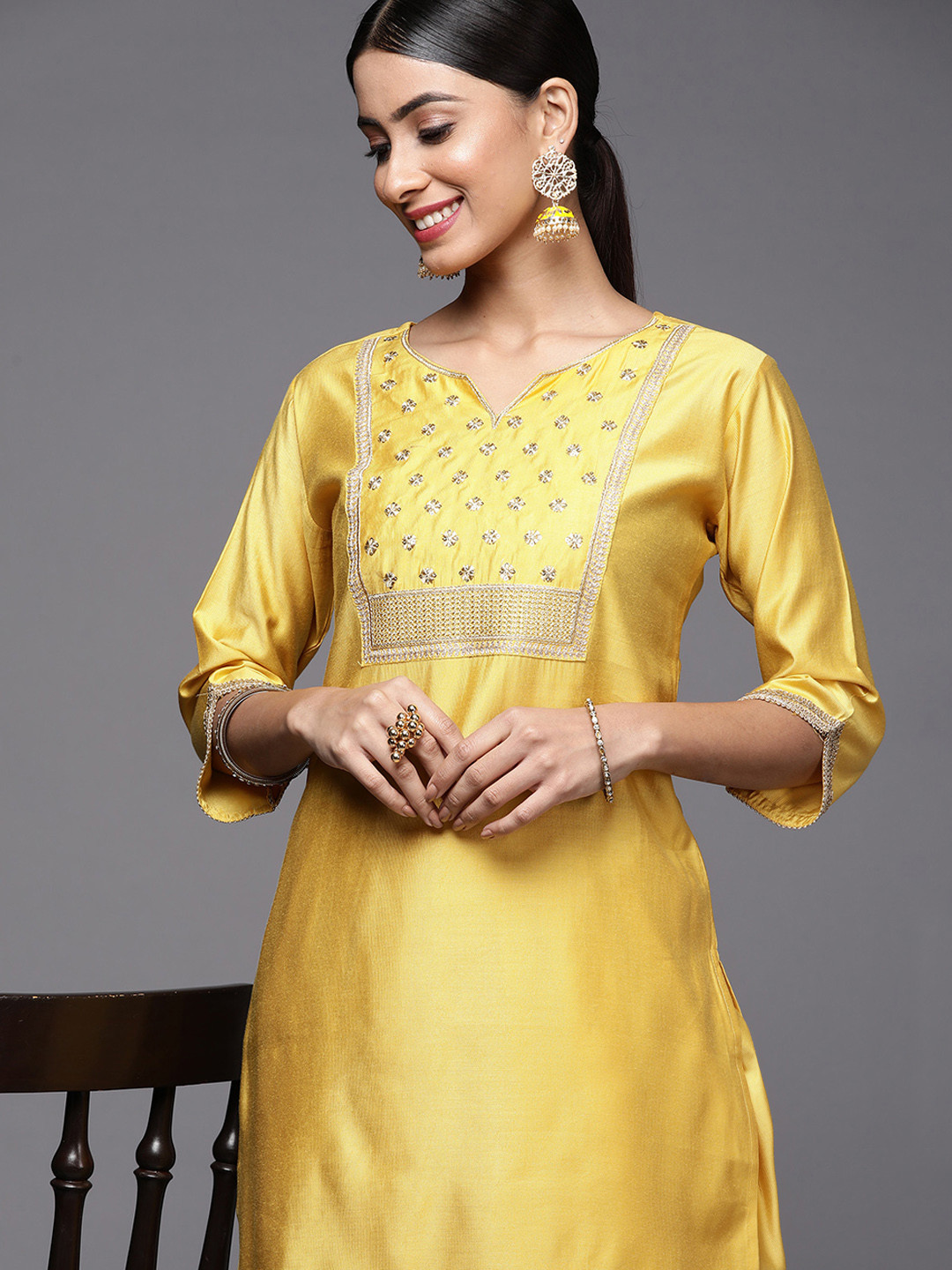 

Indo Era Women Yellow Ethnic Motifs Embroidered Sequinned Liva Kurta with Dhoti Pants