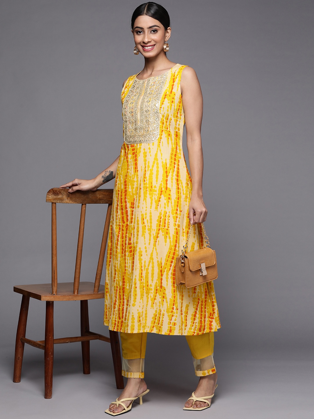 

Indo Era Women Yellow Bandhani Dyed Kurta with Trousers