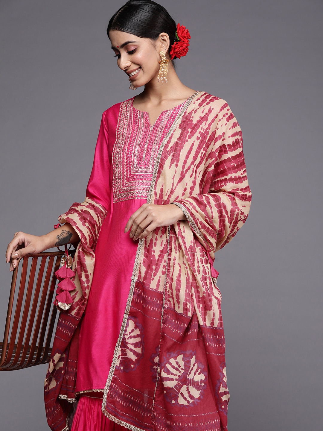 

Indo Era Women Pink Ethnic Motifs Yoke Design Zardozi Kurta with Sharara & With Dupatta