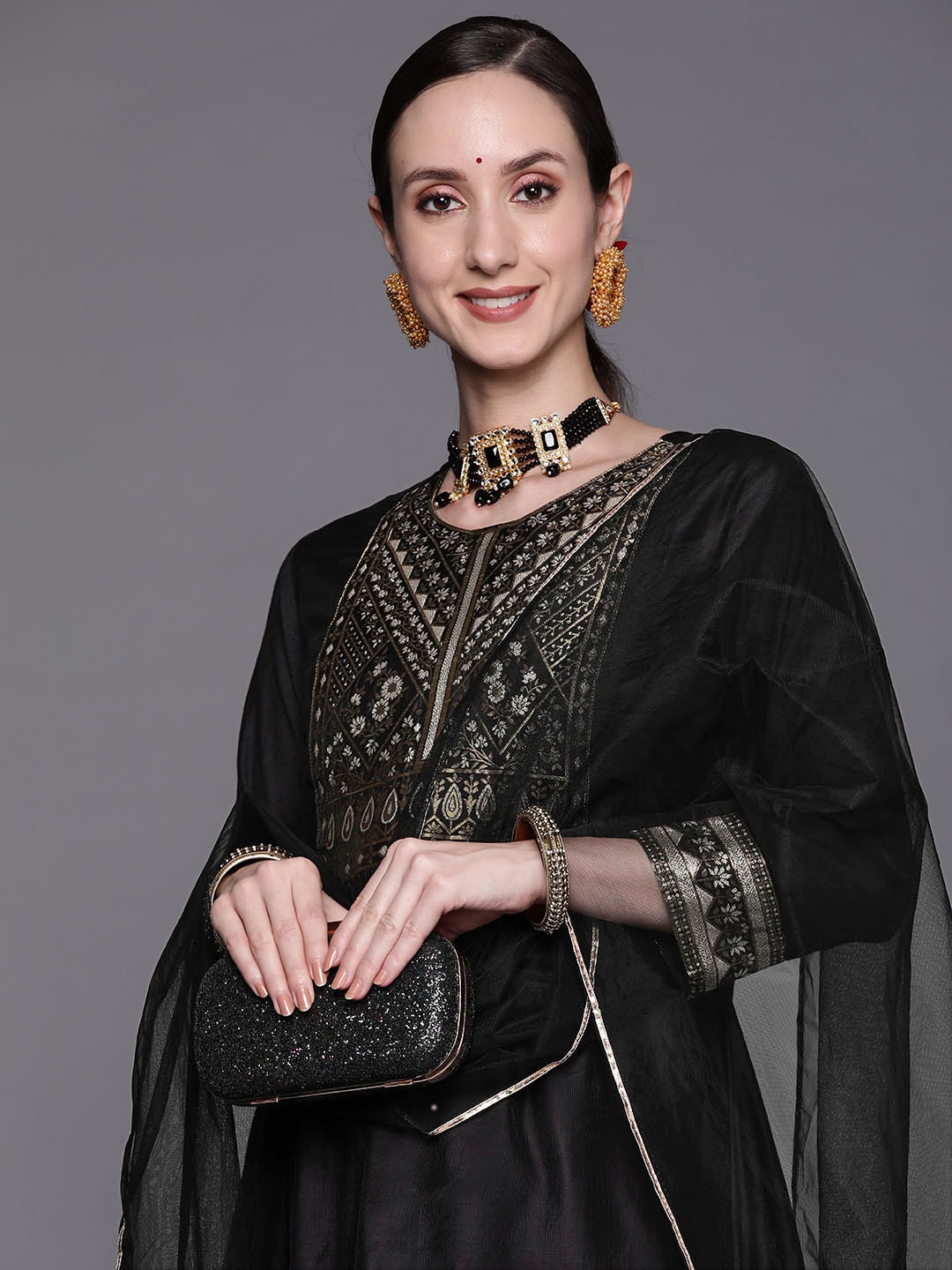 

Indo Era Women Black Ethnic Motifs Yoke Design Kurta with Sharara & Dupatta