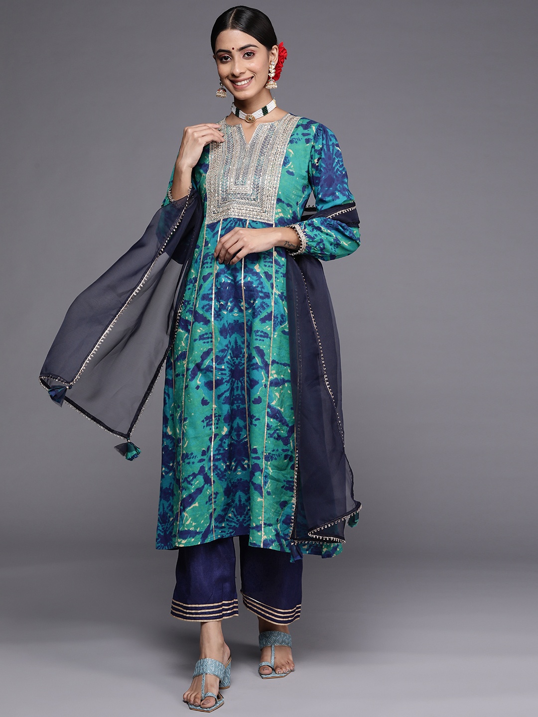 

Indo Era Women Teal Yoke Design Kurta with Sharara & With Dupatta