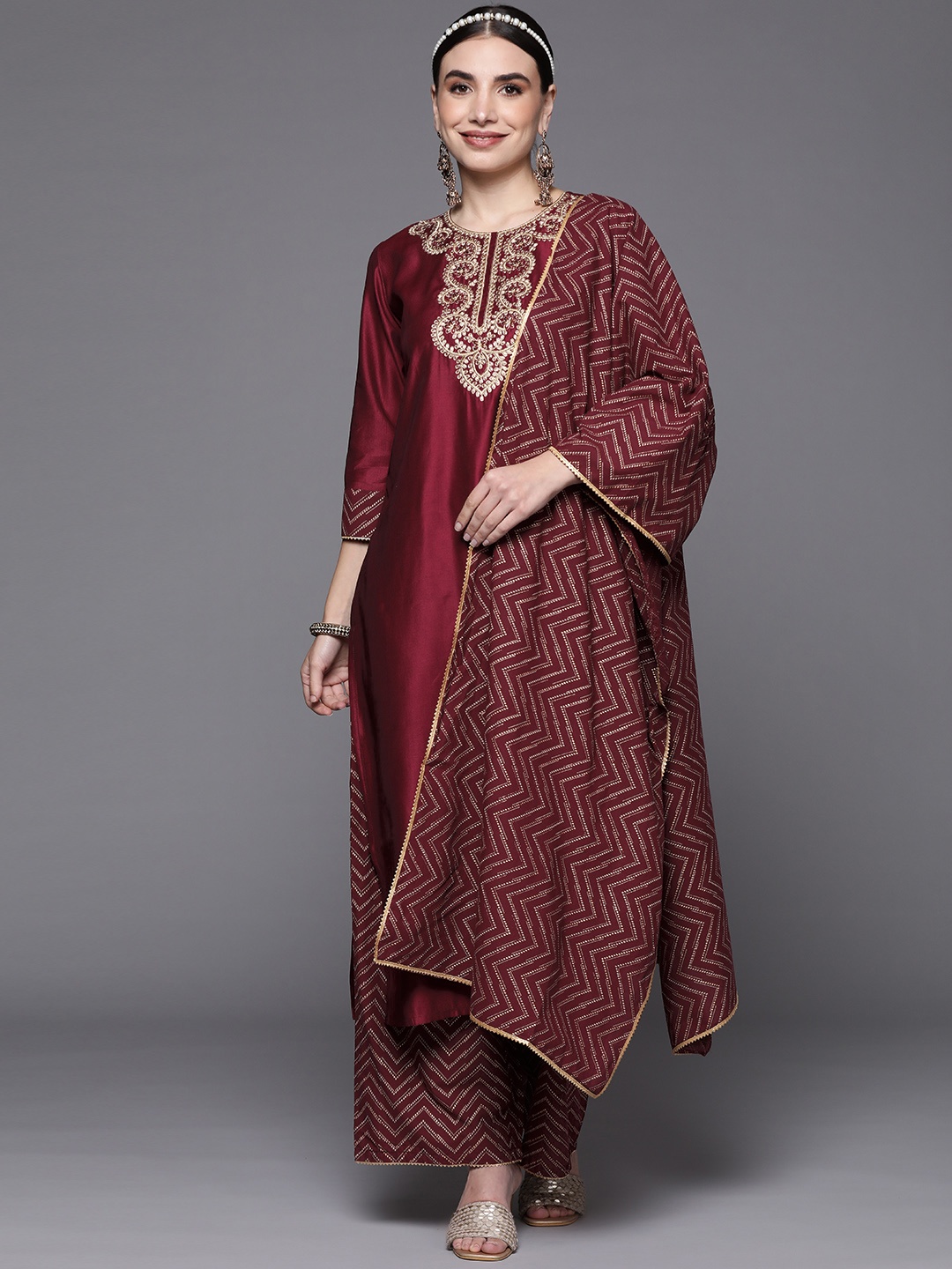 

Indo Era Women Maroon Ethnic Motifs Yoke Design Liva Kurta with Palazzos & With Dupatta