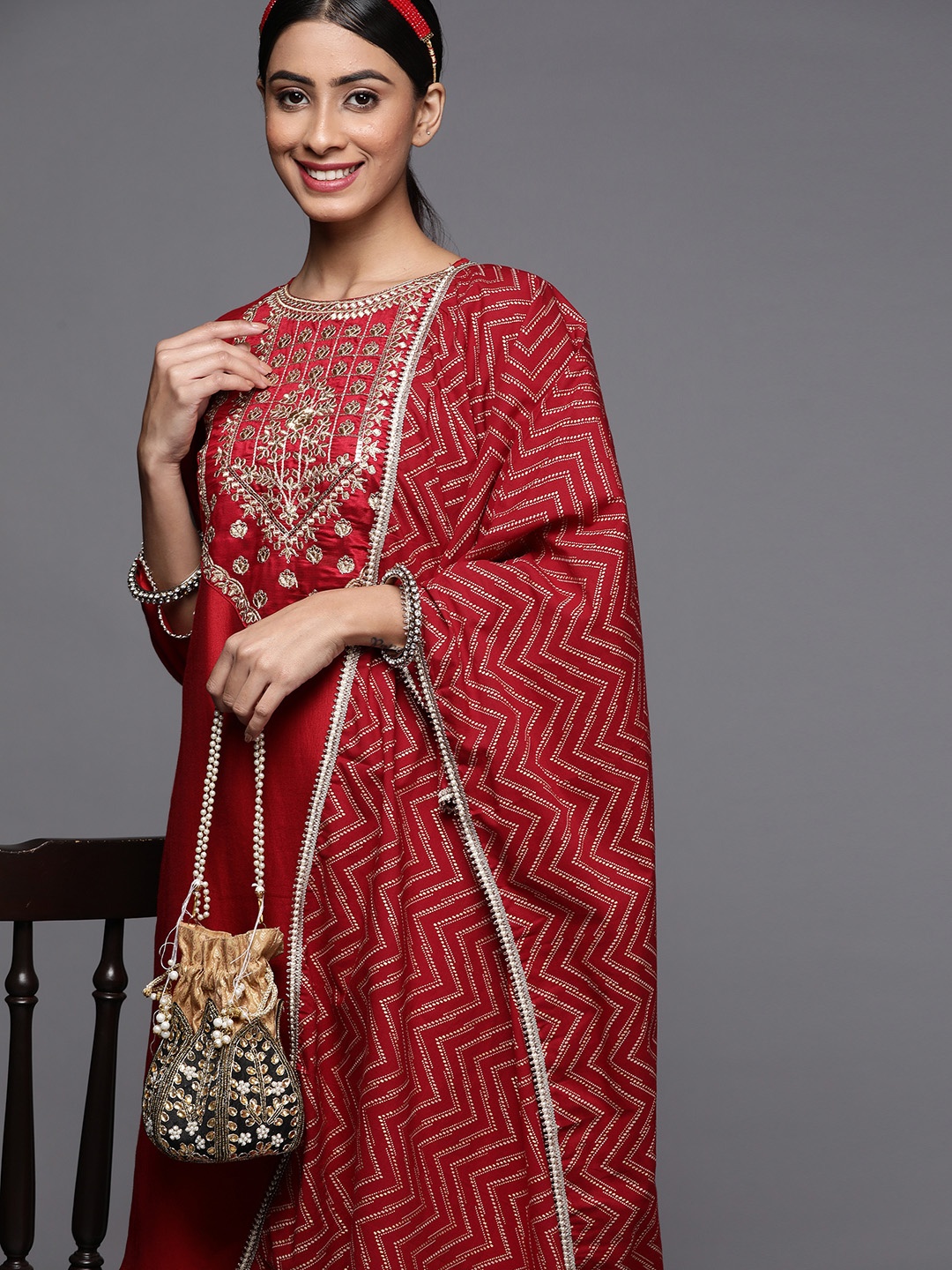 

Indo Era Women Red Ethnic Motifs Yoke Design Zardozi Kurta with Palazzos & With Dupatta