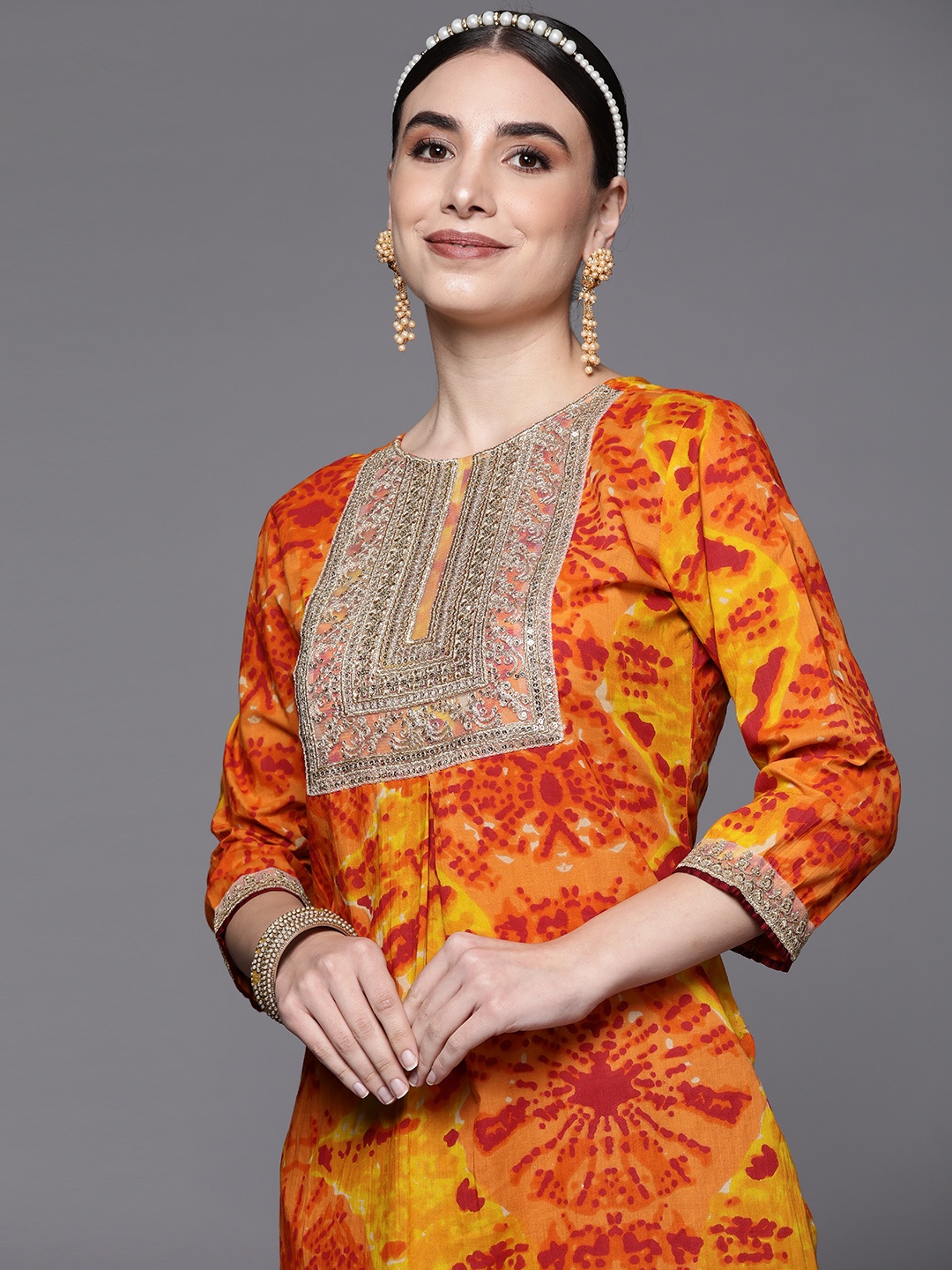 

Indo Era Women Yellow Yoke Design Kurta with Trousers