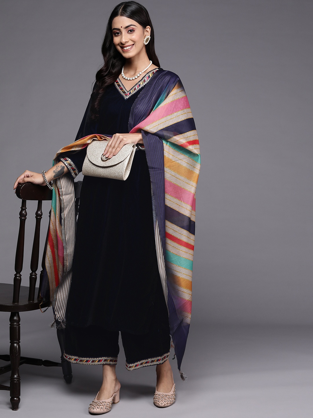 

Indo Era Women Navy Blue Yoke Design Sequinned Velvet Kurta with Palazzos & With Dupatta