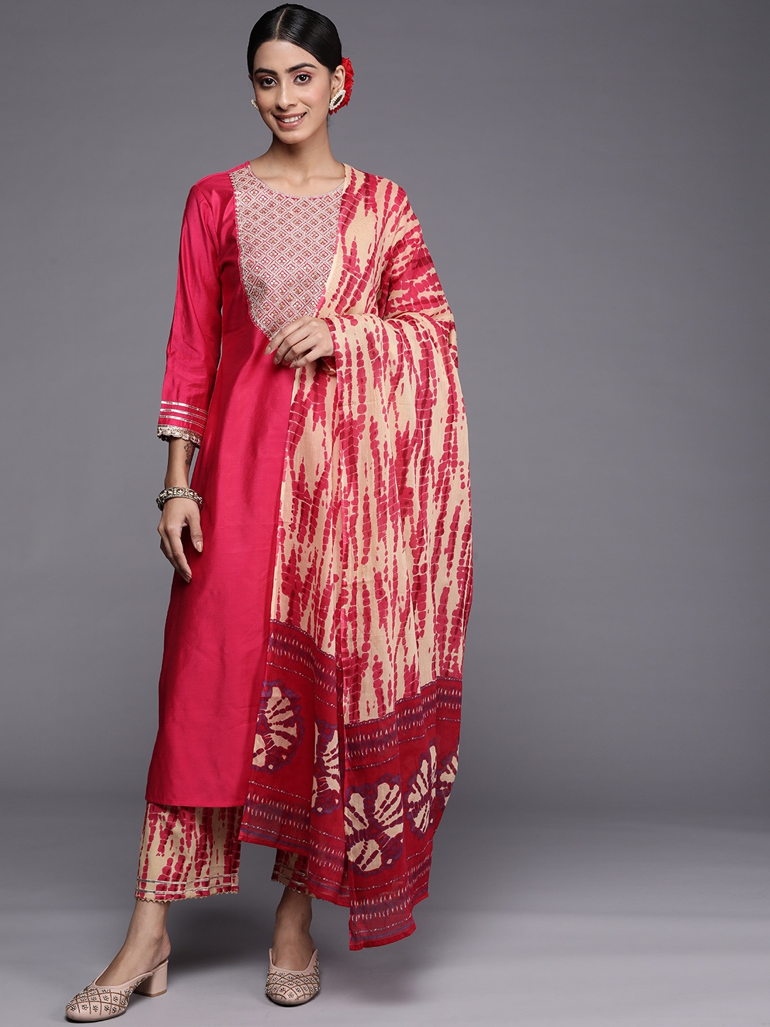 

Indo Era Women Pink Yoke Design Sequinned Kurta with Palazzos & With Dupatta