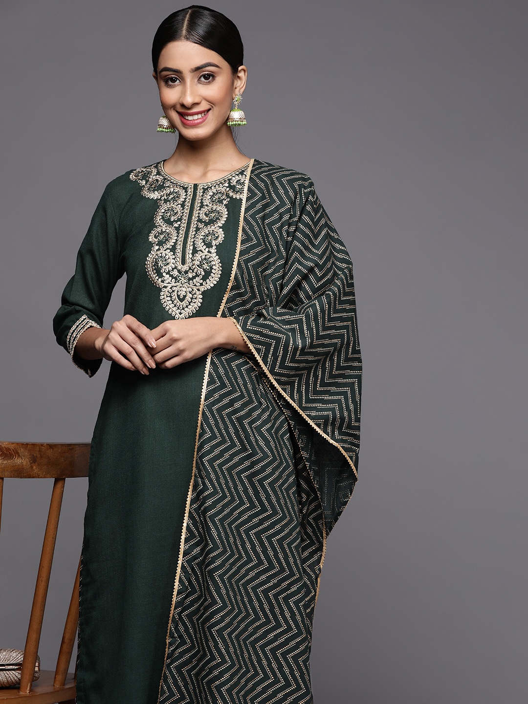 

Indo Era Women Green Ethnic Motifs Embroidered Zardozi Liva Kurta with Palazzos & With Dupatta