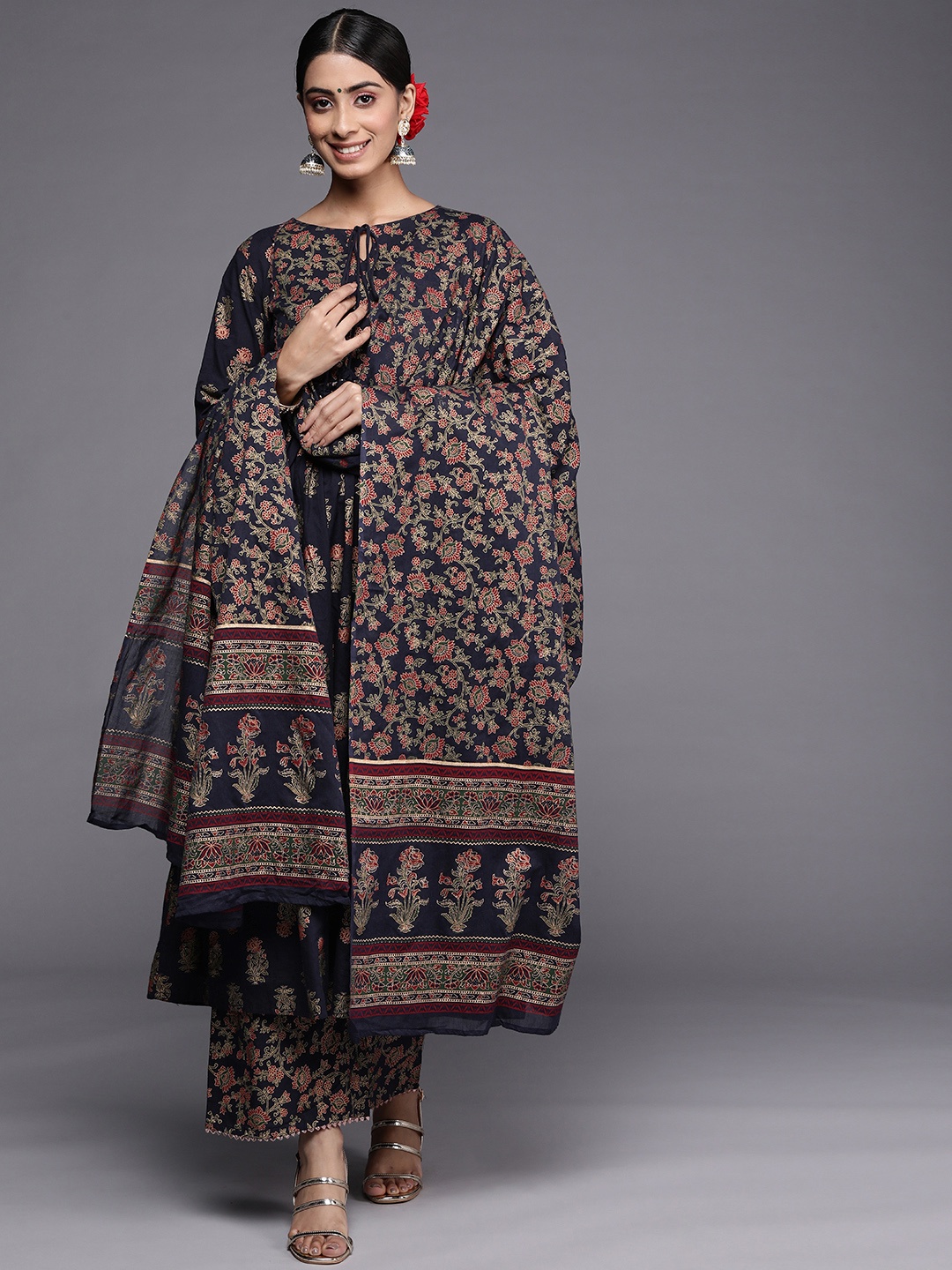 

Indo Era Women Navy Blue Ethnic Motifs Printed Pleated Gotta Patti Kurta with Palazzos & With Dupatta