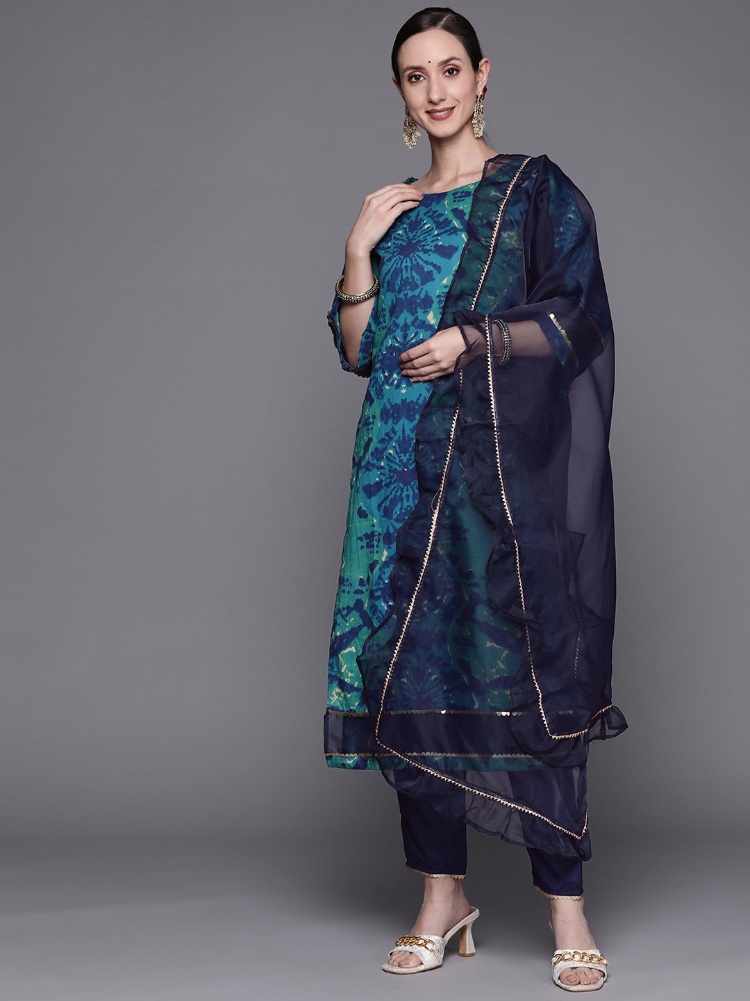 

Indo Era Women Blue Bandhani Dyed Kurta with Trousers & Dupatta