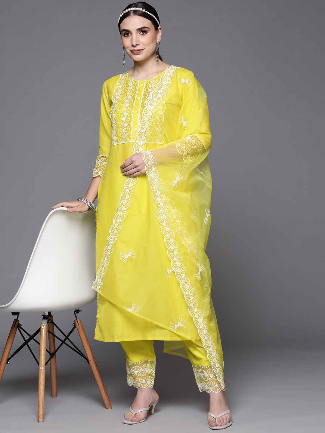 

Indo Era Women Yellow Yoke Design Kurta with Trousers & With Dupatta
