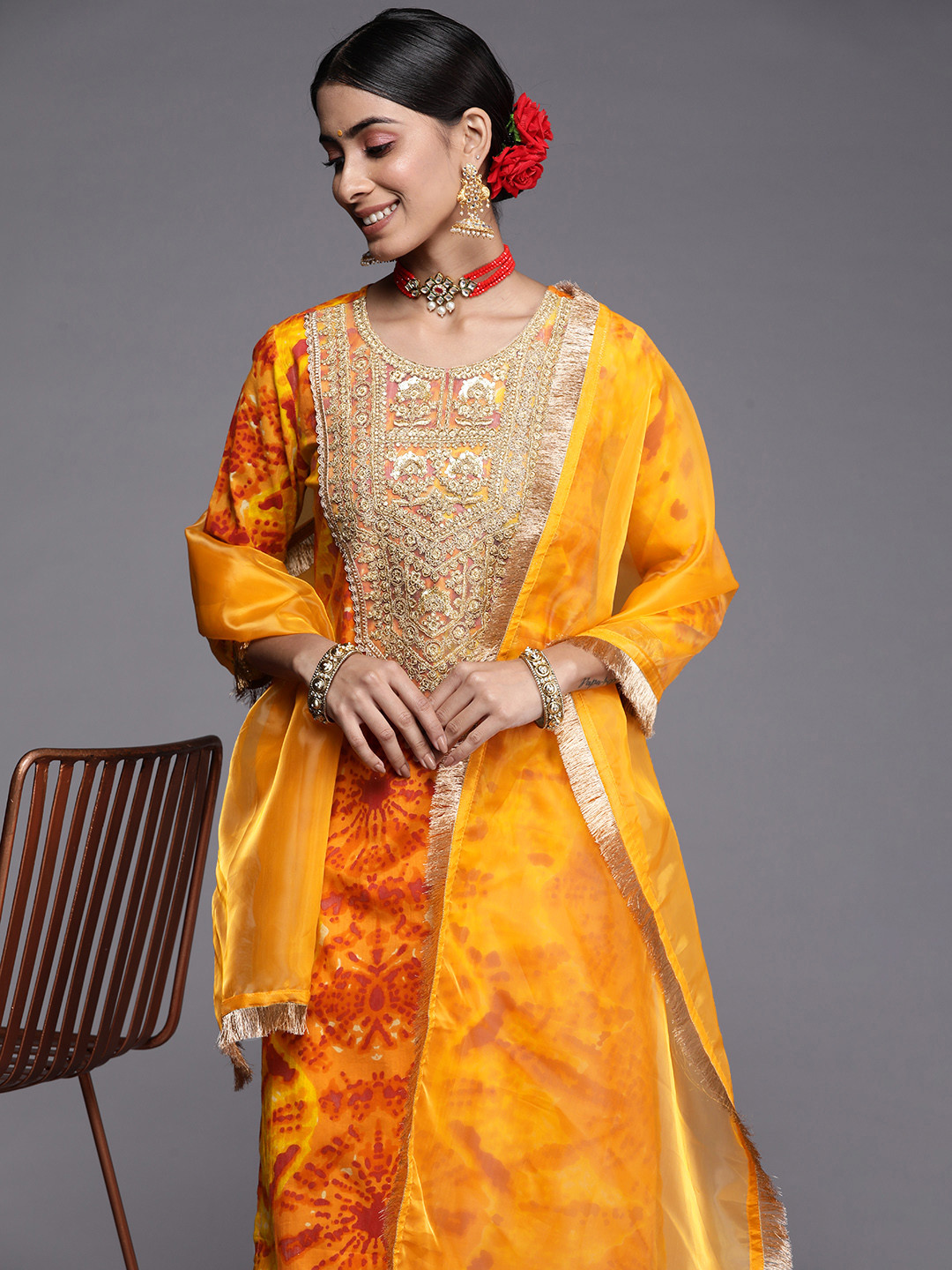 

Indo Era Women Yellow Bandhani Dyed Zardozi Kurta with Palazzos & With Dupatta